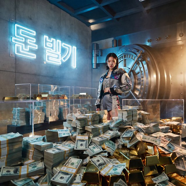 A pretty K-pop idol who is 19–21 years old at a music video shoot. The music video is for her hit song "돈 벌기" (Make Money). The setting of the music video relates to the song name. At least 4 scenes and many angles. — ImagineArt 2