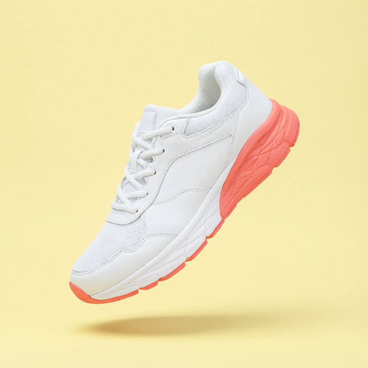 A white running sneaker with a coral sole floating at a slight angle over a pastel yellow background, studio lighting, no shadow on the backdrop. — Qwen Image 3.0 Pro
