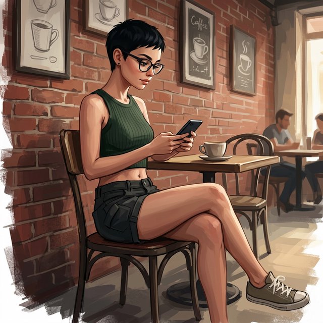 SUBJECT: Side view of a young woman seated at a cafe table, beautiful legs crossed, reading her phone. CHARACTER: 25-year-old woman with an extremely short black pixie cut, all hair under one inch. Stylish glasses, tight dark green ribbed tank top, bare midriff, shorts, comfortable shoes. SETTING: Trendy urban cafe, red brick walls decorated with framed sketches of coffee mugs. STYLE: Stylized semi-realistic digital painting, animation-inspired characters and environments. Expressive faces, large eyes, strong brows, simplified anatomy, convincing 3D volume and depth. Painterly shape-based rendering, minimal outlines, soft blended shading, broad angular brushstrokes. Luminous colors, warm undertones, restrained highlights. Hair and textures rendered in sculpted masses with selective fine detail. Muted charcoal and earthy palette, soft directional light, cohesive shadows, atmospheric depth. Detailed eyes and lips, simplified backgrounds, loose edges, unfinished brushwork. — Model 15