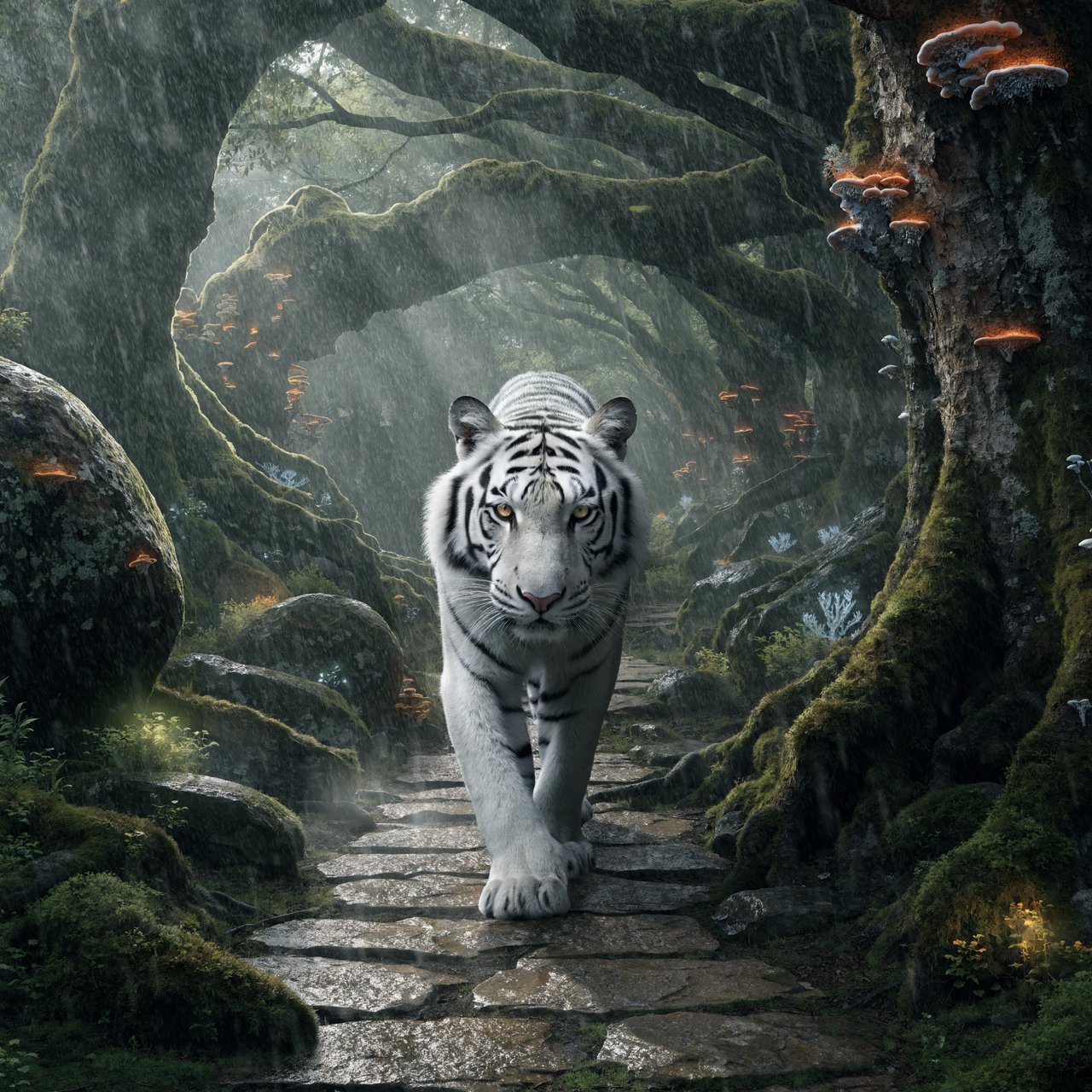 A majestic white tiger with eyes like molten gold, walking through a misty, ancient forest. Strange, bioluminescent flora casts an ethereal glow on the gnarled trees and moss-covered stones. The atmosphere is one of profound mystery and quiet solitude. Rendered in the style of detailed matte painting with a touch of dark fantasy concept art. — Recraft v4 Pro