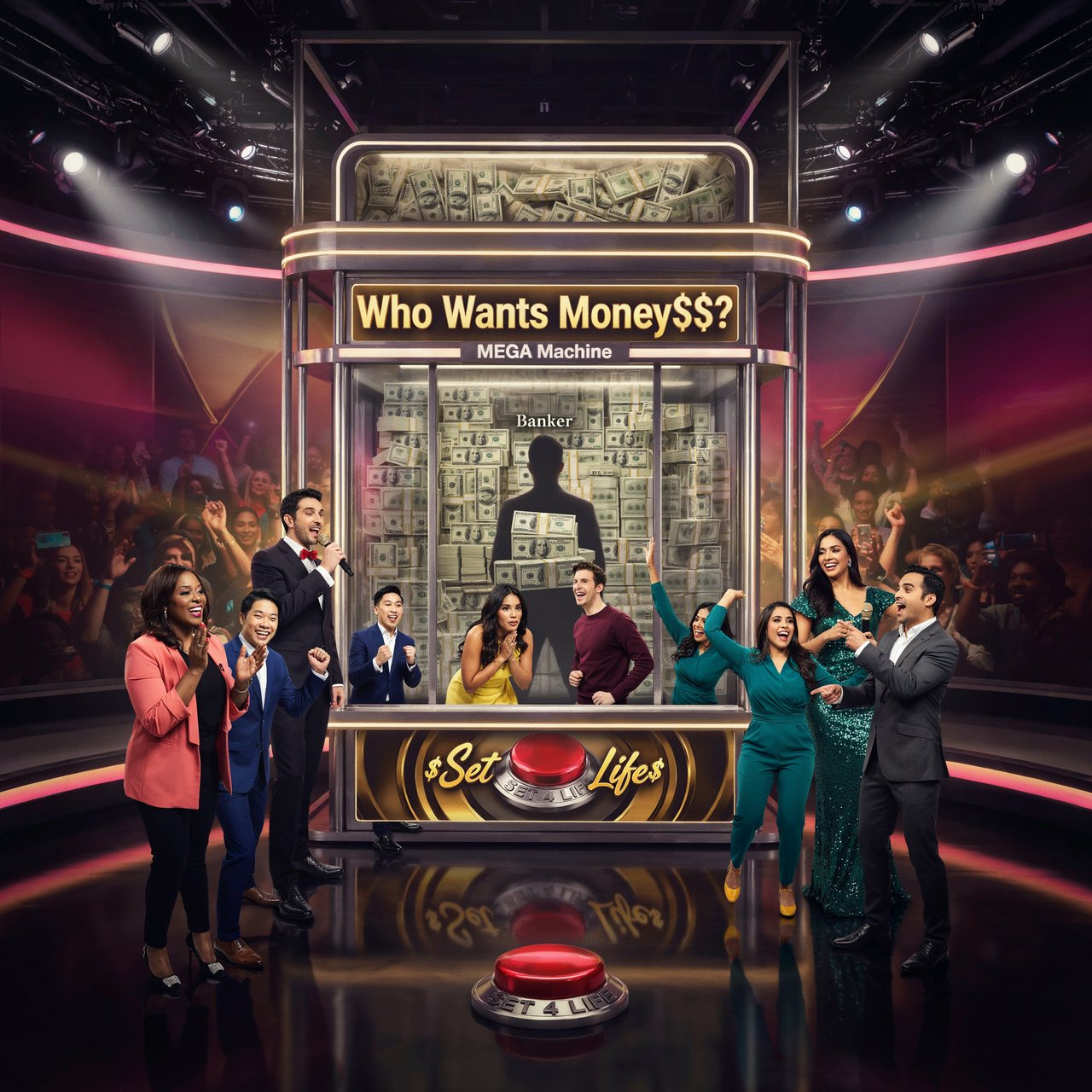 People on the set of a super mega game show called "Who Wants Money$$$?". There are at least six adults (three men and three women), all of different races, looking really excited. There is a big machine with a lot of cash inside. At the top of the machine it says "Who Wants Money$$$? MEGA Machine". In the middle of the machine it says "Banker", with the shadow of a man near the name. At the bottom of the machine it says "$Set 4 Life$", with a red button in the middle of the words. Near the machine are game hosts on both sides of it: a handsome man and a pretty woman. — Ideogram v4