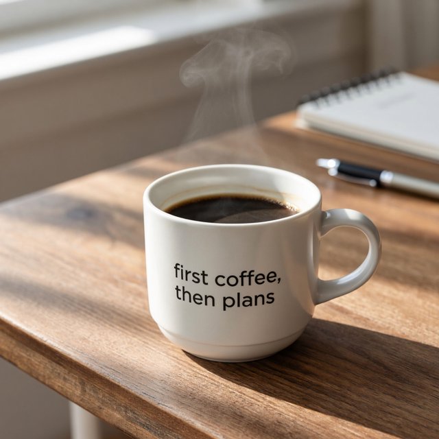 A white ceramic mug on a desk with the words "first coffee, then plans" printed in black lowercase sans-serif. — ImagineArt 2