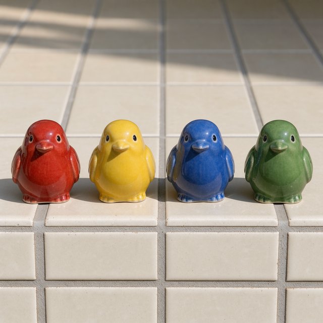 On a sunlit tiled ledge, exactly four ceramic bird figurines form a row: red at far left, yellow at left-center, blue at right-center, and green at far right; all face forward, nothing else. — FLUX 3 Image