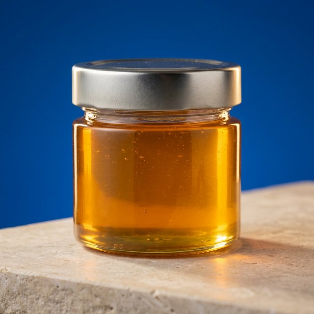 A squat unbranded honey jar with clear glass walls and a plain brushed-aluminum lid rests on honed pale limestone; broad diffused key light and warm rim light shape the commercial product image against a seamless cobalt-blue background, with no lettering. — Model 15