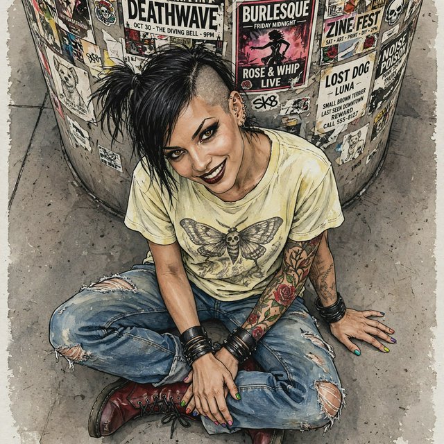 Realistic India ink illustration with crisp black lines, realistic anatomy and proportions, and watercolor fills; black ink outlines remain visible. Full-length, overhead view. A Latina woman sits on the pavement with her back against an enormous, thick round downtown pillar covered in posters for bands, art shows, burlesque, and a lost dog. One hand rests on the pavement, the other on an ankle. She tilts her head back, looking up at the viewer with a confident smile. Character: 25-year-old woman, medium-brown skin, slim build, edgy punk/goth appearance. Black asymmetrical undercut, right side shaved, longer top brushed across forehead, short messy ponytail. Sharp features, arched brows, brown almond-shaped eyes, heavy eyeliner, dark burgundy lipstick, six ear piercings. Each fingernail a different color. Loose pale-yellow graphic T-shirt, ripped blue jeans, dark red combat boots. Full left-arm sleeve tattoo of vines, leaves, and red roses. Thick black leather bracelets on both wrists. — Muse Image 1.0