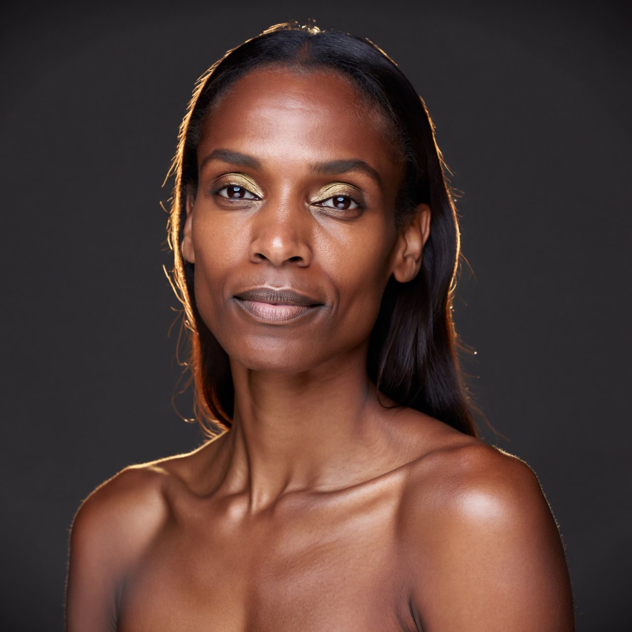 Beauty close-up of an adult woman with bronzed skin and gold eye makeup, bare shoulders, studio backlight halo, high-end campaign look. — ImagineArt 2