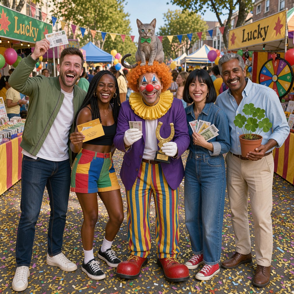 Realistic. Four to five adults having a very lucky day. One of the people is a clown with a very strange cat on their head. Another is wearing a black crop top and multicolored shorts. The word “Lucky” is seen at least twice in the background. — FLUX 3 Image