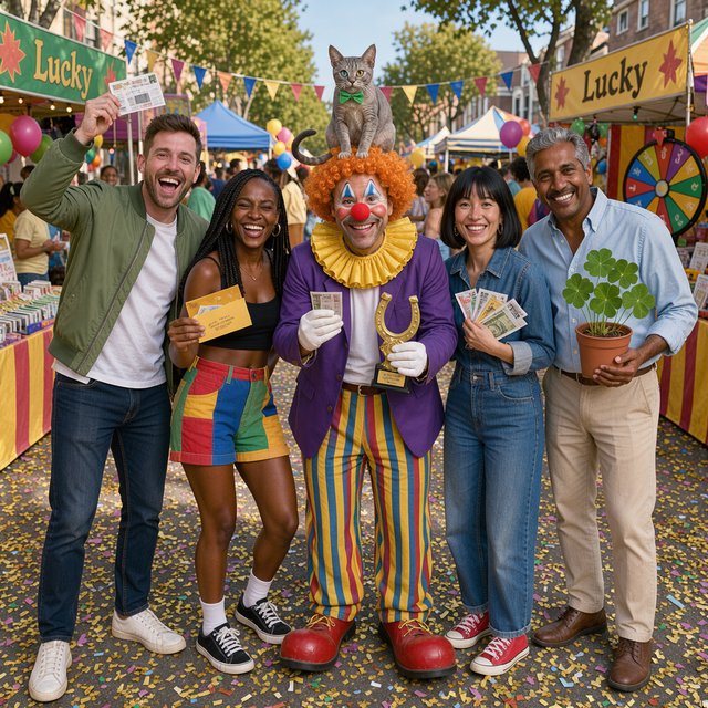 Realistic. Four to five adults having a very lucky day. One of the people is a clown with a very strange cat on their head. Another is wearing a black crop top and multicolored shorts. The word “Lucky” is seen at least twice in the background. — FLUX 3 Image