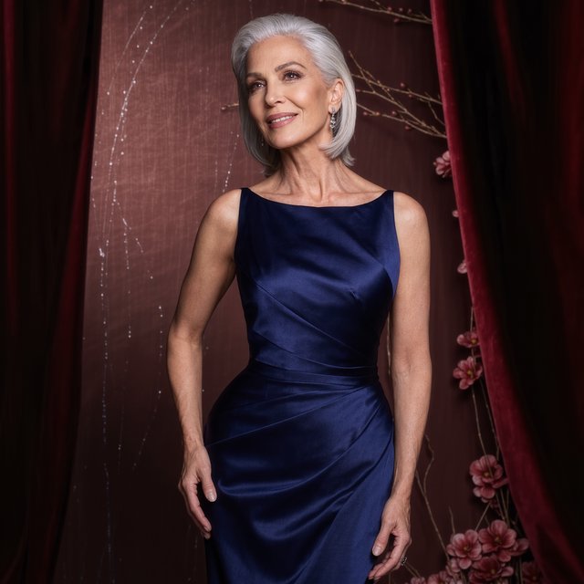 A silver-haired adult woman in a midnight-blue evening gown pauses with lipstick freshly applied, her composed gaze turned slightly aside; diffused rose studio light defines her face and shoulders, with restrained makeup and the polished finish of a fashion magazine. — Model 10