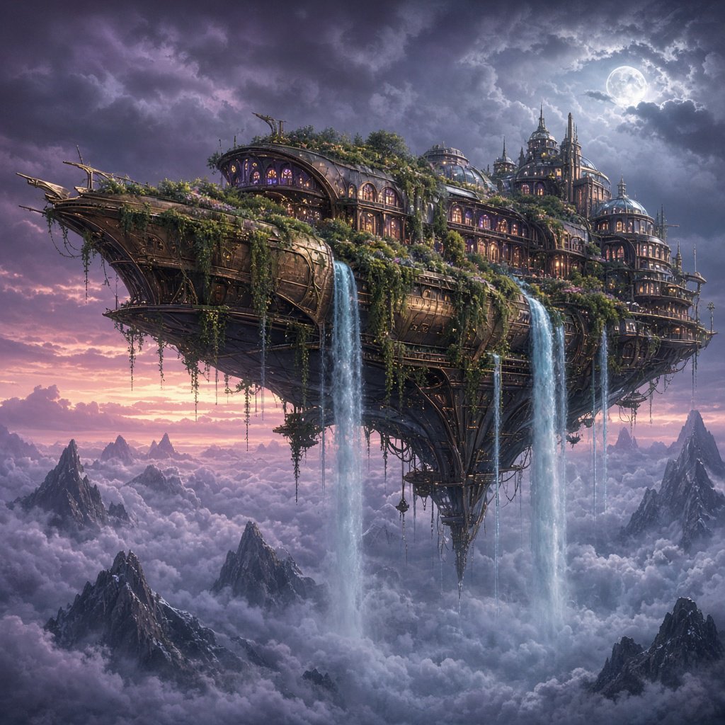 A colossal floating archive-ship drifts above storm clouds, its bronze hull wrapped in hanging gardens and luminous windows, while waterfalls spill into the sky. Distant mountain peaks pierce the cloud sea beneath a violet sunset and cold silver moonlight. — Grok Imagine Image 2