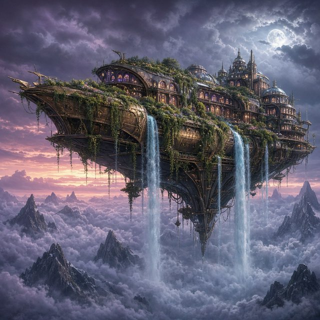 A colossal floating archive-ship drifts above storm clouds, its bronze hull wrapped in hanging gardens and luminous windows, while waterfalls spill into the sky. Distant mountain peaks pierce the cloud sea beneath a violet sunset and cold silver moonlight. — Grok Imagine Image 2