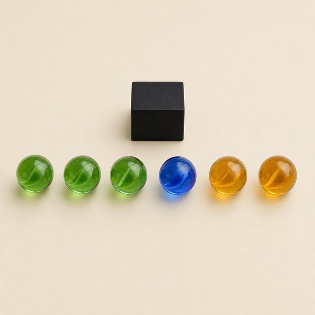 Exactly six glass marbles sit on a cream tabletop: three green marbles in a row on the left, two amber marbles in a row on the right, and one blue marble centered between the rows. A black cube sits above the blue marble, nothing else. — GPT Image 2