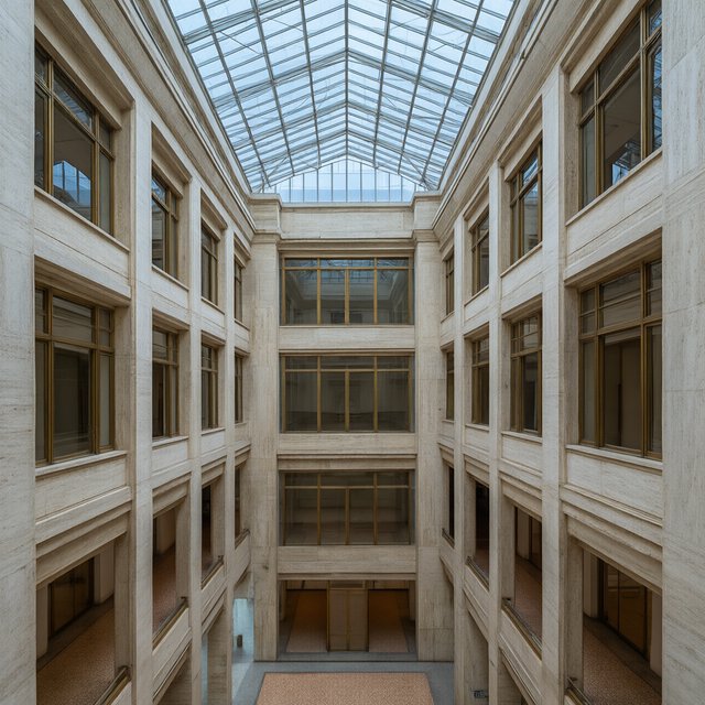 A soaring civic atrium in contemporary Italian Rationalist style pairs pale travertine, bronze mullions, and terrazzo beneath a glazed roof; cool morning light falls from above, viewed from a mezzanine, with aligned bays and credible supports. — Qwen Image 3.0