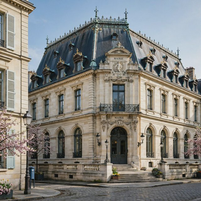Exterior of a French Second Empire town hall with pale limestone, a dark mansard roof, copper cresting, and tall arched windows; clear spring light falls across the entrance terrace, viewed from the quiet street corner, precise lines and believable construction. — Muse Image 1.0