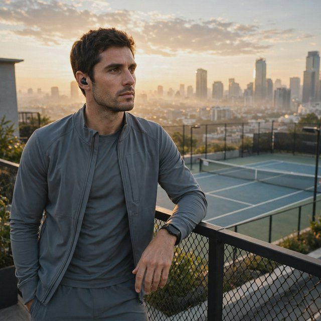 Editorial glamour photograph of an adult man in a slate-gray fitness set, pausing naturally beside a rooftop tennis court at sunrise, soft flattering light catching his focused expression and the city skyline beyond. — Muse Image 1.0