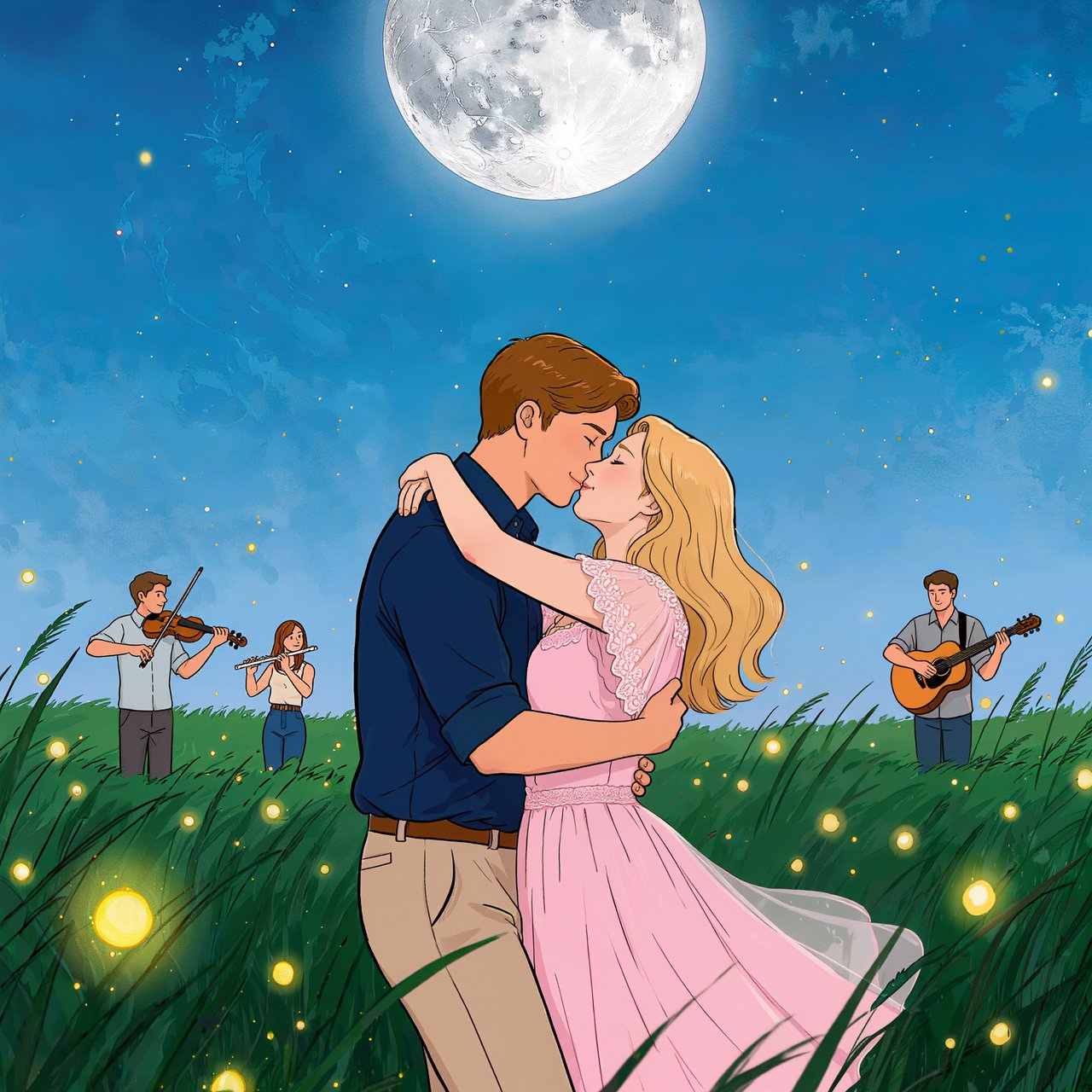 An illustration of a young adult European couple sharing a kiss while dancing in a moonlit meadow, with tall grass, fireflies, musicians playing music, and a huge silver moon overhead. — Kling v3