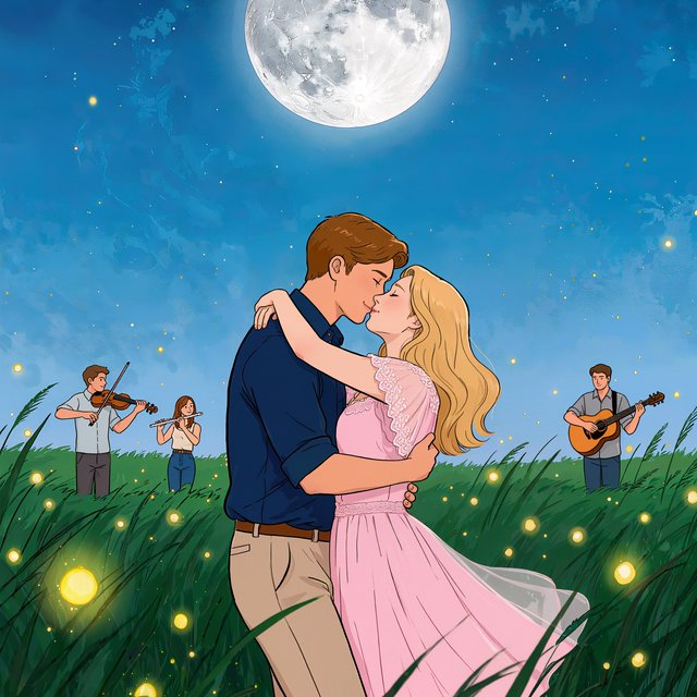 An illustration of a young adult European couple sharing a kiss while dancing in a moonlit meadow, with tall grass, fireflies, musicians playing music, and a huge silver moon overhead. — Kling v3