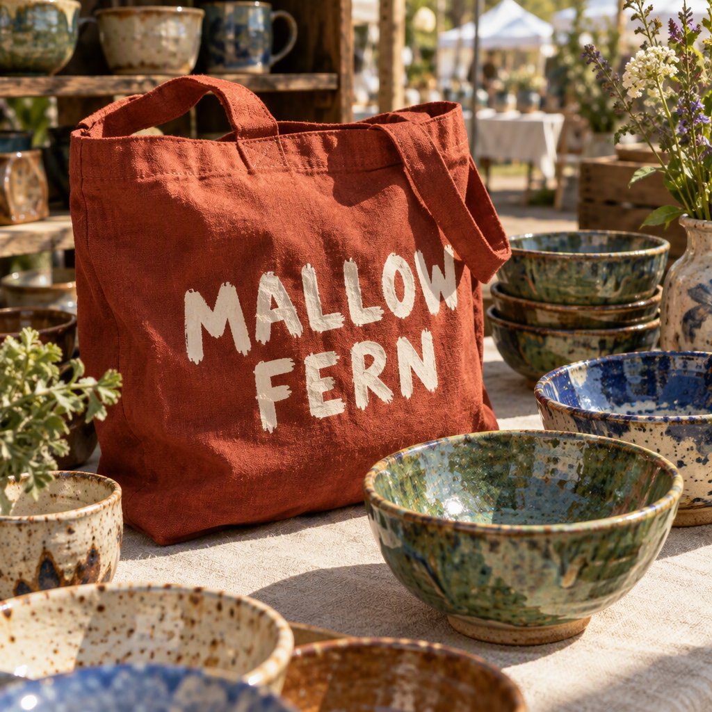 Sunlight pools over a pottery market table, where a rust-red canvas tote rests beside glazed bowls; "MALLOW FERN" is hand-painted in chunky white letters on its front, with no other legible writing. — GPT Image 2.5 Flare