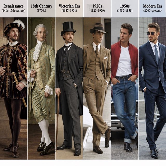 A realistic image only, showing nice outfits worn by adult men from at least 4–6 different eras. Mention the time range for each era. — GPT Image 2.5 Sunburst