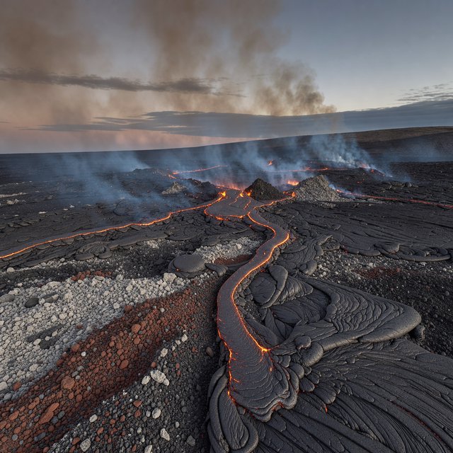 Fresh lava threads a black cinder plain on a volcanic island at dusk beneath ash-laden wind; blistered crust and brittle pumice in the foreground give way to glowing fissures fading into smoke. — FLUX 3 Image