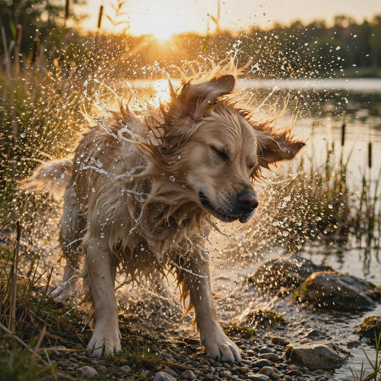 A wet golden retriever shaking off water on a lakeshore, droplets frozen mid-air, backlit by low sun, high shutter speed. — Muse Image 1.0