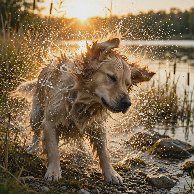 A wet golden retriever shaking off water on a lakeshore, droplets frozen mid-air, backlit by low sun, high shutter speed. — Muse Image 1.0