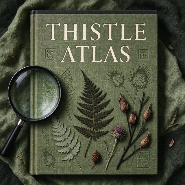 Pressed fern fronds, seed pods, and a magnifying lens frame a naturalist’s field-guide book cover on moss-green cloth; “THISTLE ATLAS” spans the upper third in hand-cut ivory serif capitals, with no other legible writing. — Model 19