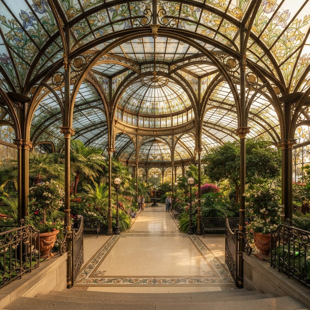Interior of an Art Nouveau winter garden, curved iron ribs, cream terrazzo floor, hand-painted botanical glass panels, filtered late-afternoon sunlight, viewed from the entrance along the central axis, elegant geometry and believable load-bearing structure. — Nano Banana 2 Lite