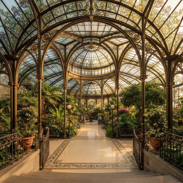 Interior of an Art Nouveau winter garden, curved iron ribs, cream terrazzo floor, hand-painted botanical glass panels, filtered late-afternoon sunlight, viewed from the entrance along the central axis, elegant geometry and believable load-bearing structure. — Nano Banana 2 Lite