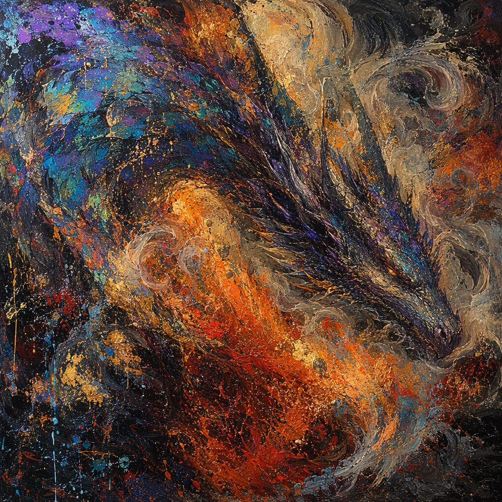 An abstract tapestry woven from the dreams of a sleeping dragon, depicted as a chaotic yet beautiful explosion of iridescent scales, fiery embers, and swirling smoke. The composition is dynamic and energetic, with bold brushstrokes and a rich, textured surface. The style is abstract expressionism, capturing the raw, untamed essence of draconic power. — GPT Image 2