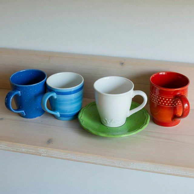Exactly four ceramic mugs sit on a pale wooden shelf: two blue mugs on the left, one white mug in the center, and one red mug on the right. A green saucer is beneath the center mug, nothing else. — Grok Imagine Image Quality