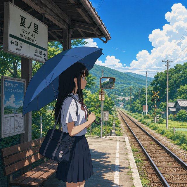Anime-style illustration of a girl with a blue umbrella waiting at a rural train station in summer, cicadas implied by heat haze, cel shading. — GPT Image 2