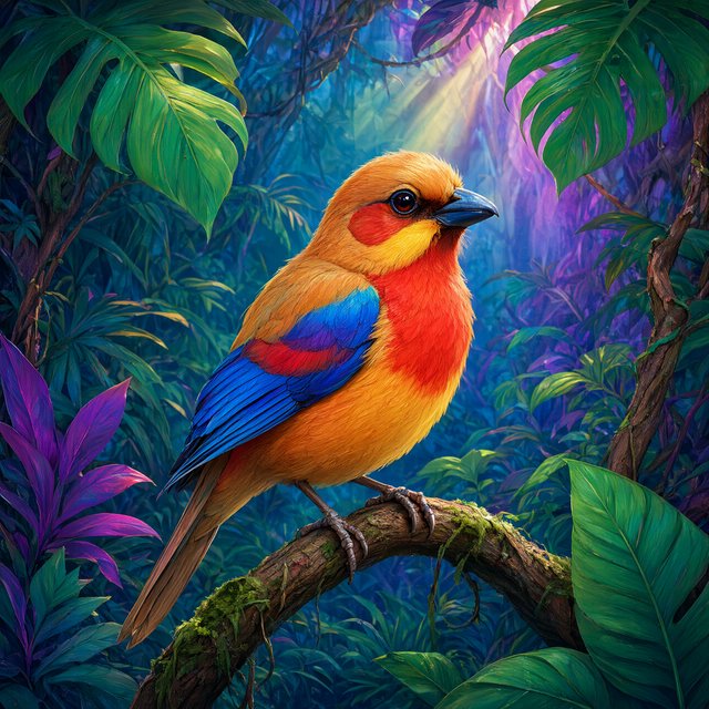 Create a vibrant digital artwork with clean lines depicting a small, colorful bird in the jungle. Combine rich, warm tones—such as soft orange, bold red, and dynamic yellow—with cool colors like brilliant blue, emerald green, and radiant violet. The atmosphere should feel fairytale-like, enhanced by striking lighting that underscores the scene's magic. Use bright, bold colors harmoniously to create a balanced composition. The overall style should be imaginative and captivating, transporting the viewer to another world. — Qwen Image 3.0 Pro
