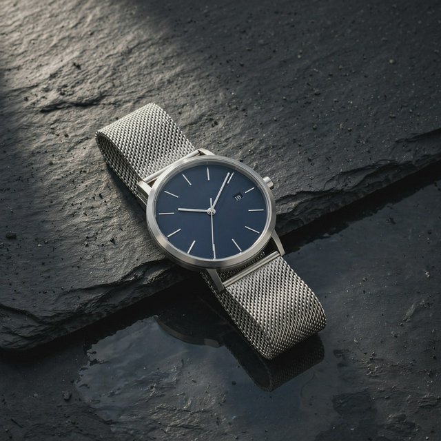 Product shot of a minimalist steel wristwatch with a navy dial on dark slate, single softbox from the upper left, subtle reflection. — Muse Image 1.0