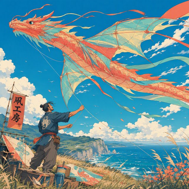 Cel-shaded anime illustration of an adult kite maker testing a vast translucent dragon-shaped kite on a windy coastal bluff, ribbons streaming above wild grasses and distant cliffs. Palette of coral, turquoise, butter yellow, and deep blue, with clean contours and a luminous sky. — GPT Image 2