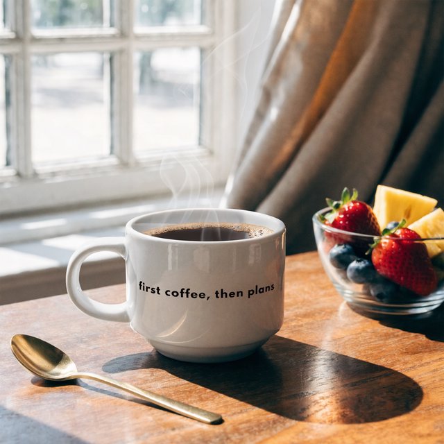 A white ceramic mug on a desk with the words "first coffee, then plans" printed in black lowercase sans-serif. — Recraft v4 Pro