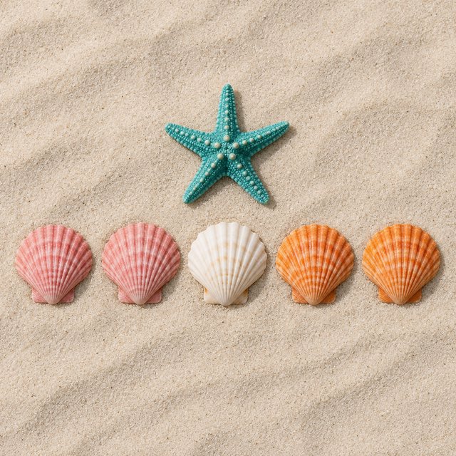 Exactly five seashells lie on pale sand: two pink shells on the left, one white shell in the center, and two orange shells on the right. A turquoise starfish sits above the center shell, nothing else. — GPT Image 2.5 Sunburst