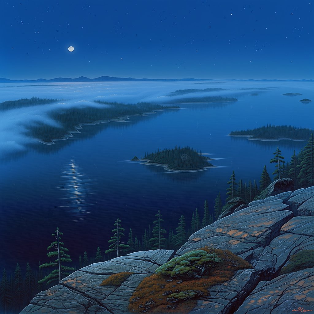 An expansive boreal lake beneath a clear, cold midnight sky, pale moonlight catching thin mist above dark water; spruce-covered islands recede toward distant ridges, while lichen and cracked granite sharpen the near shoreline. — Midjourney Niji 7