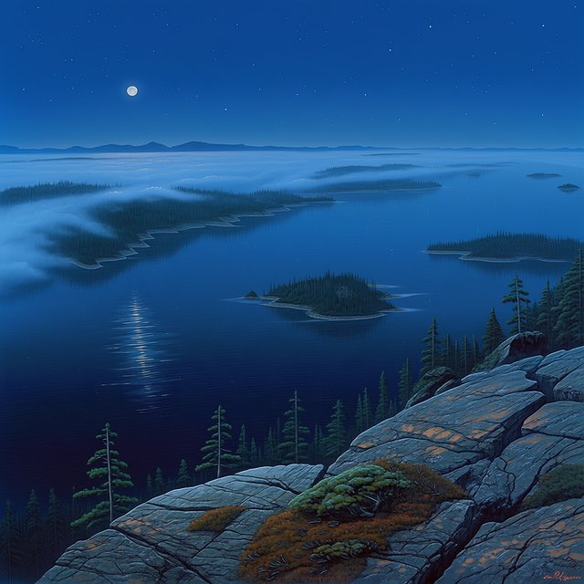 An expansive boreal lake beneath a clear, cold midnight sky, pale moonlight catching thin mist above dark water; spruce-covered islands recede toward distant ridges, while lichen and cracked granite sharpen the near shoreline. — Midjourney Niji 7
