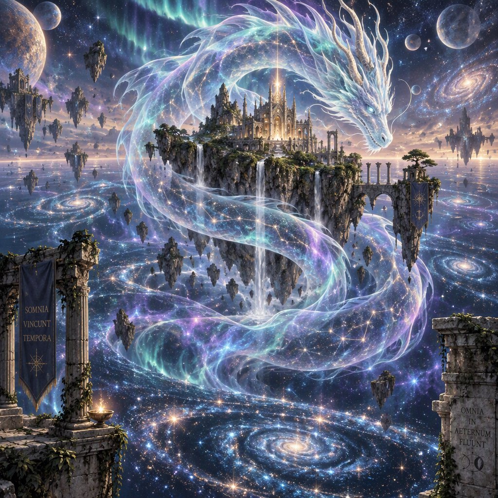 Whispers of mythic power coalesce into a spectral dragon, its form translucent and shimmering with auroral light, coiled around a floating island within a boundless celestial sea. Star-filled oceans stretch to the horizon, dotted with shimmering celestial bodies. The art style blends ethereal fantasy illustration with a subtle nod to ancient mythology, focusing on flowing lines and soft, glowing colors. The atmosphere is one of profound mystery and ancient magic. — GPT Image 2.5 Sunburst