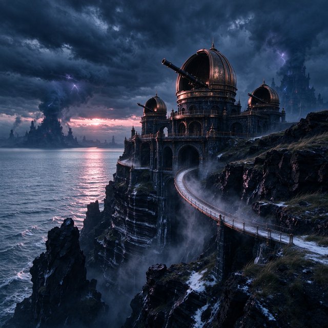 A wind-carved observatory crowns black cliffs above a silver inland sea, its open brass domes catching the last rose light. Salt mist drifts through suspended bridges as distant storms flicker beyond the horizon. — Seedream 5.0 Flash