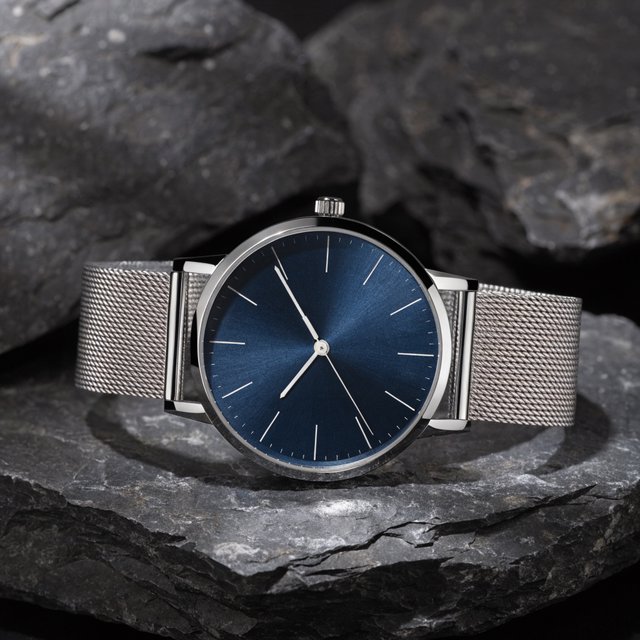Product shot of a minimalist steel wristwatch with a navy dial on dark slate, single softbox from the upper left, subtle reflection. — Recraft v4
