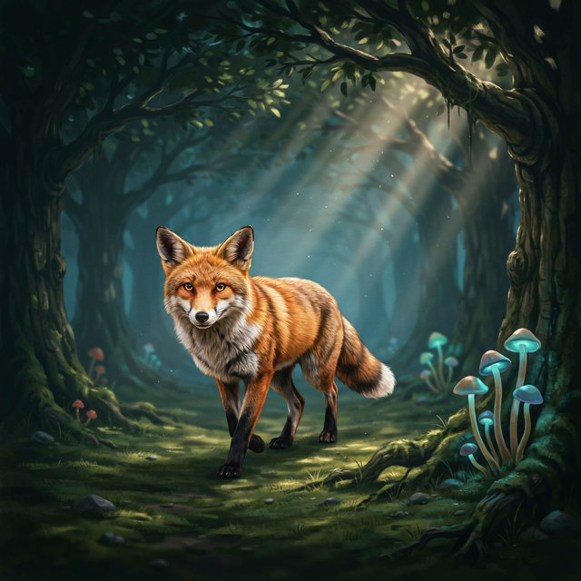 A cunning fox with fur like molten gold cautiously steps through a dense, ancient forest. Shafts of light pierce the canopy, illuminating dust motes dancing in the air. Strange, glowing mushrooms cast an otherworldly light on the moss-covered ground. The style is a blend of dark fantasy illustration and hyperrealism, with a focus on dramatic, cinematic lighting. — Ideogram v4.5