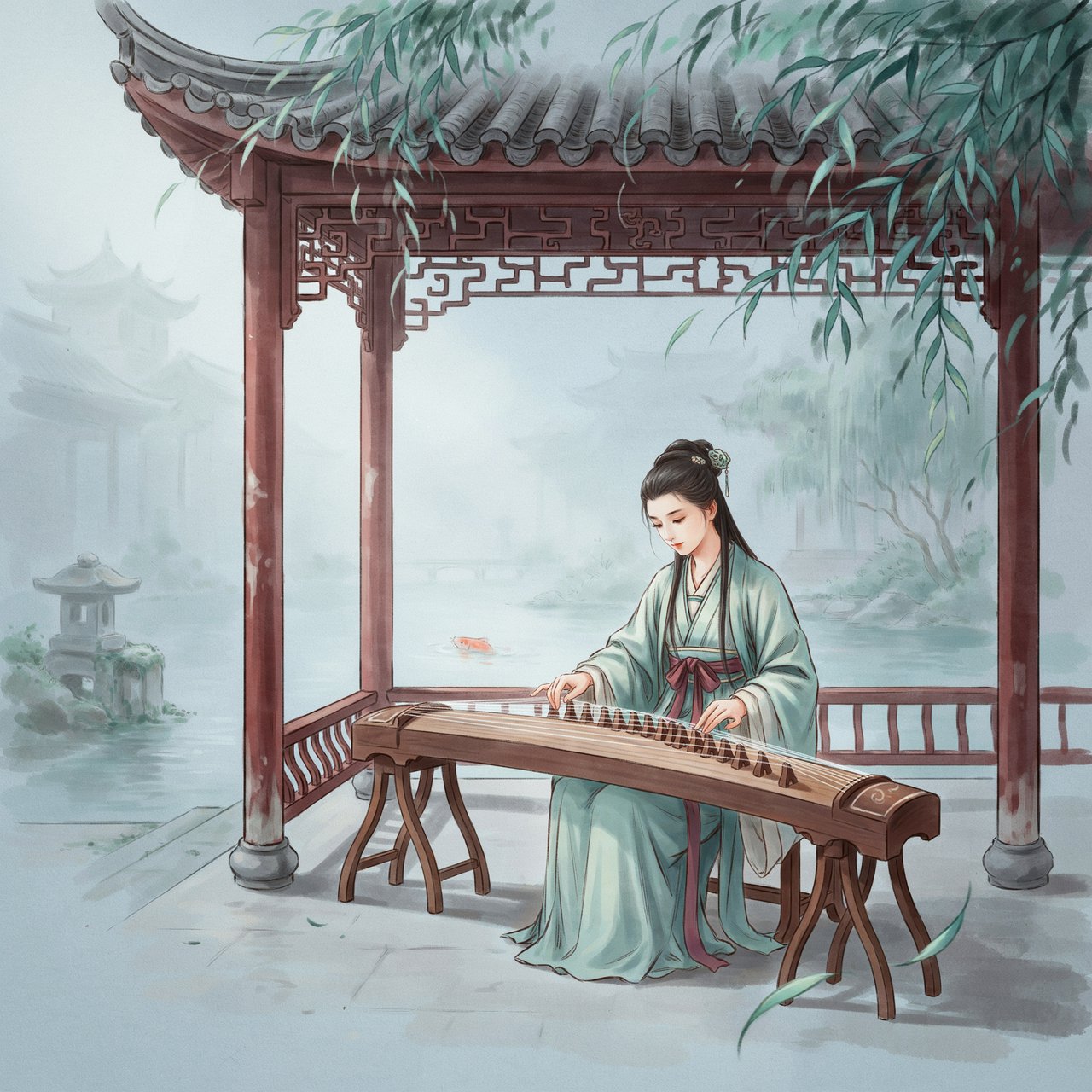 An elegant ancient Chinese lady in hanfu plays the guzheng in a quiet garden pavilion, surrounded by willow trees and mist, creating a poetic atmosphere. — Ideogram v4