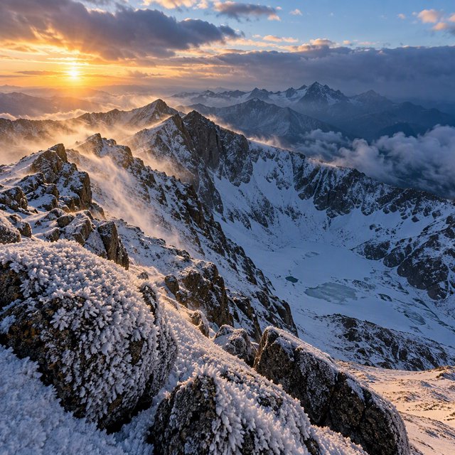 Wind combs a high granite ridge above a glacial cirque at sunrise, beneath clearing snow squalls; granular rime crusts foreground boulders while successive peaks dissolve into blue cloud shadow. — GPT Image 2.5 Sunburst