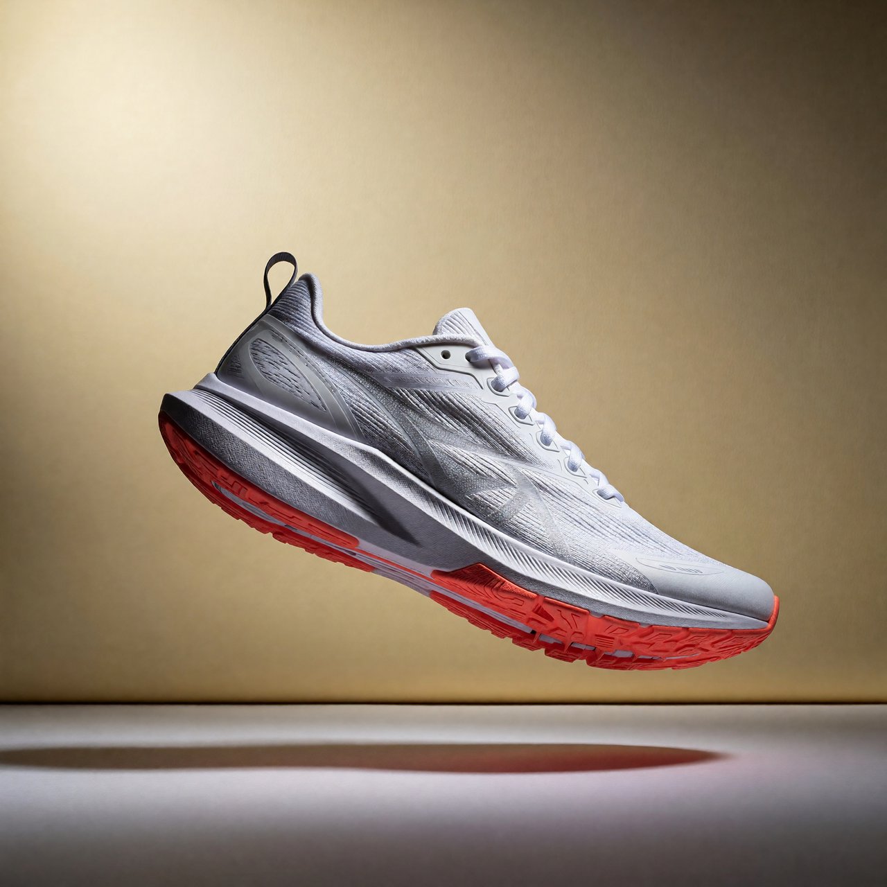 A white running sneaker with a coral sole floating at a slight angle over a pastel yellow background, studio lighting, no shadow on the backdrop. — ImagineArt 1.5 Pro
