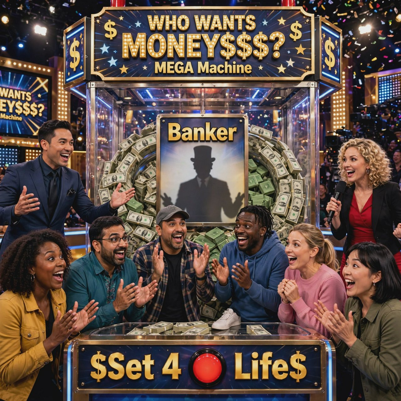 People on the set of a super mega game show called "Who Wants Money$$$?". There are at least six adults (three men and three women), all of different races, looking really excited. There is a big machine with a lot of cash inside. At the top of the machine it says "Who Wants Money$$$? MEGA Machine". In the middle of the machine it says "Banker", with the shadow of a man near the name. At the bottom of the machine it says "$Set 4 Life$", with a red button in the middle of the words. Near the machine are game hosts on both sides of it: a handsome man and a pretty woman. — Muse Image 1.0