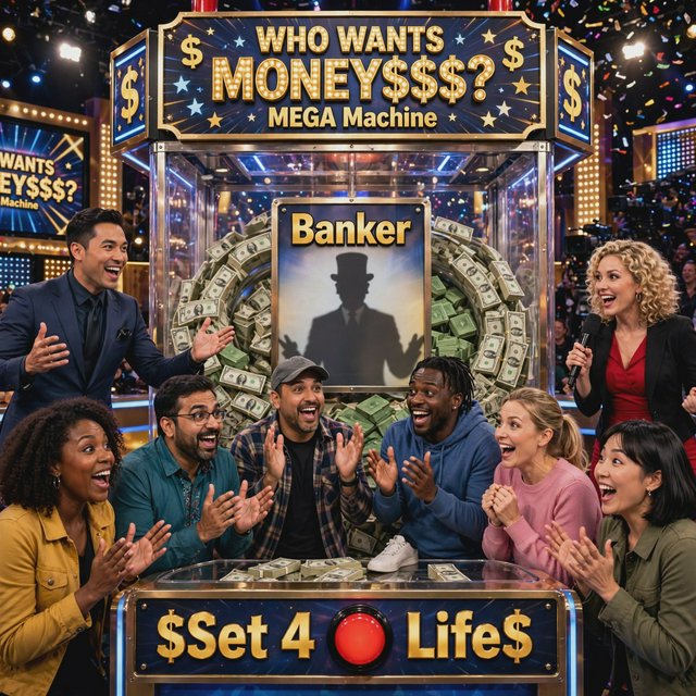 People on the set of a super mega game show called "Who Wants Money$$$?". There are at least six adults (three men and three women), all of different races, looking really excited. There is a big machine with a lot of cash inside. At the top of the machine it says "Who Wants Money$$$? MEGA Machine". In the middle of the machine it says "Banker", with the shadow of a man near the name. At the bottom of the machine it says "$Set 4 Life$", with a red button in the middle of the words. Near the machine are game hosts on both sides of it: a handsome man and a pretty woman. — Muse Image 1.0