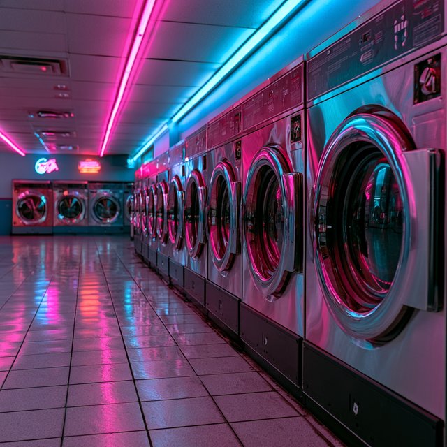Neon washes a nearly empty overnight laundromat, reflections trembling across tiled floor and spinning steel drums. A handheld street snapshot under magenta and cyan tubes, shot at 35mm with moderate depth of field, catches lint drifting in the air. — Midjourney V8.2