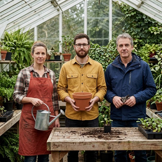 At a quiet greenhouse bench, exactly three adult botanists stand in a row: left wears a rust-red apron and holds a watering can, center wears a mustard shirt and holds a terracotta pot, right wears a navy jacket and holds pruning shears; nothing else. — Nano Banana 2.1